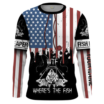 BlueJose Halloween Fish Reaper American Flag Patriotic Wtf Where'S The Fish Long Sleeve Fishing Shirt
