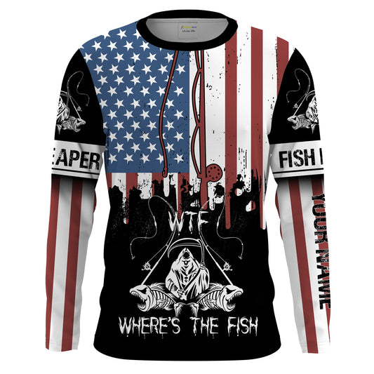 BlueJose Halloween Fish Reaper American Flag Patriotic Wtf Where'S The Fish Long Sleeve Fishing Shirt