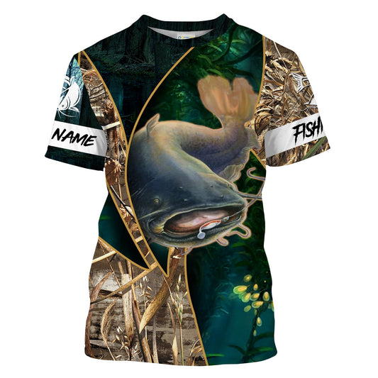 BlueJose Catfish Fishing Camo Green Customize Name Fishing Shirt