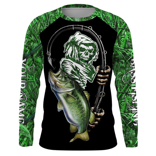 BlueJose Halloween Custom Name Bass Fishing Tattoos Fish Reaper Camo Green Long Sleeve