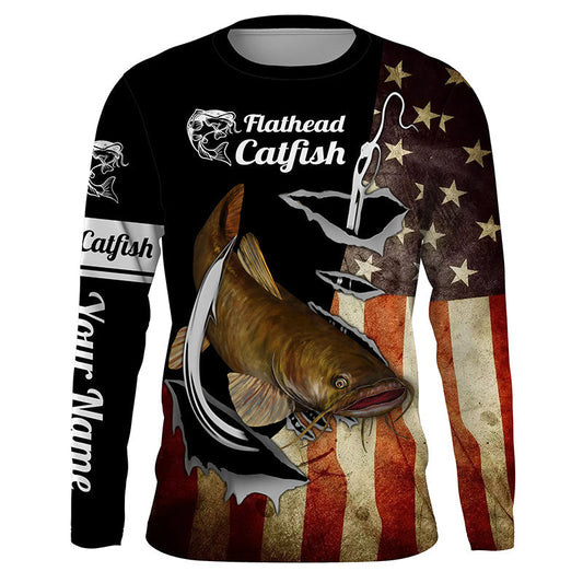 Bluejose Flathead Catfish Fishing Fish Hook American Flag Custom Name 3D Shirts