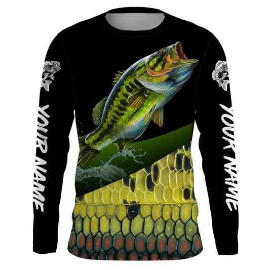 Bluejose Custom Largemouth Bass Fishing Jerseys, Personalized Bass Fishing Scales Fishing Long Sleeve Shirts