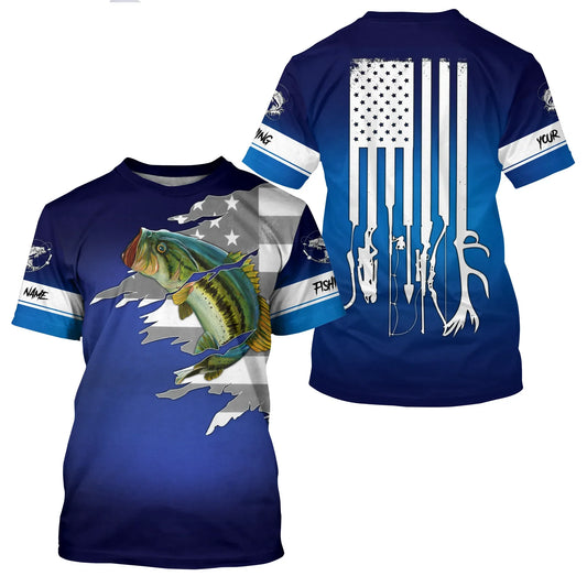 BlueJose Largemouth Bass Fishing American Flag Patriotic Custom Name Shirt