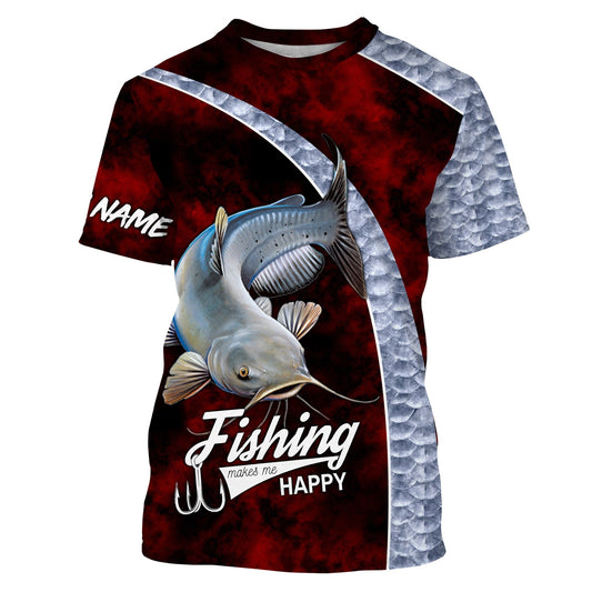 BlueJose Catfish Fishing Makes Me Happy Fishing Shirts Customize Name