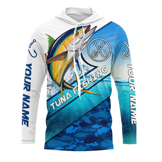 Bluejose Personalized Tuna Fishing Blue Sea Camo Fishing Long Sleeve, Custom Tuna Saltwater Fishing