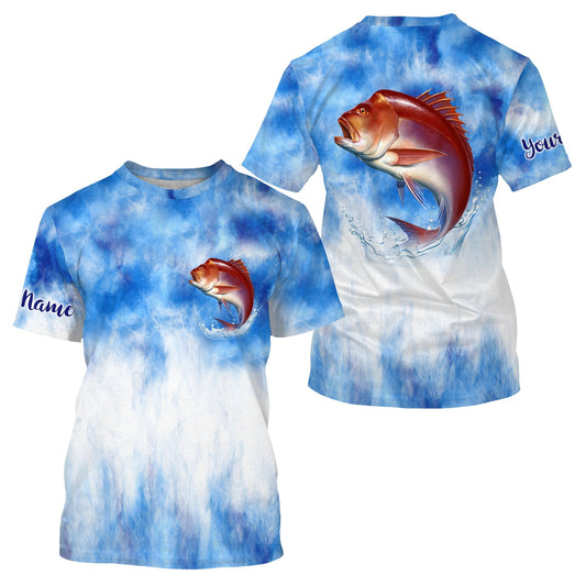 BlueJose Red Snapper Saltwater Fishing Blue Sea Camo Custom Name Fishing Shirt