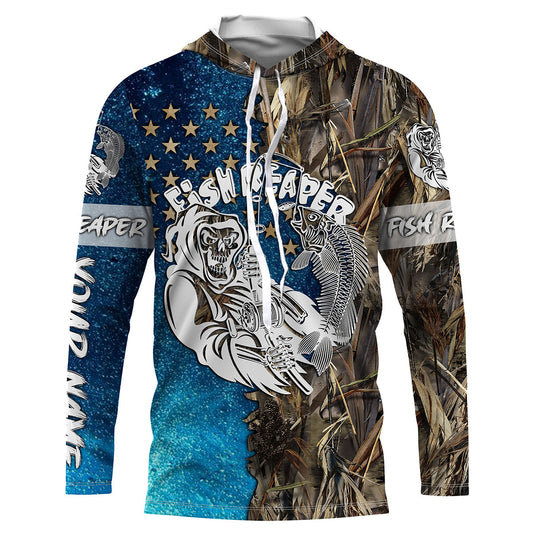 BlueJose Halloween Fish Reaper American Custom Name Long Sleeve Fishing Shirt
