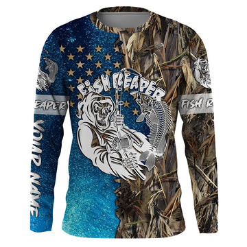 BlueJose Halloween Fish Reaper American Custom Name Long Sleeve Fishing Shirt