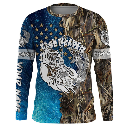 BlueJose Halloween Fish Reaper American Custom Name Long Sleeve Fishing Shirt