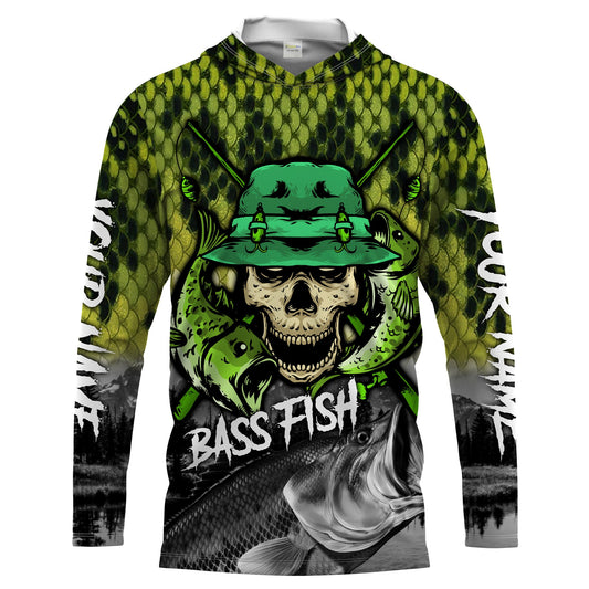 BlueJose Halloween Largemouth Bass Fishing Skull Fish Reaper Custom Name Long Sleeve Shirt