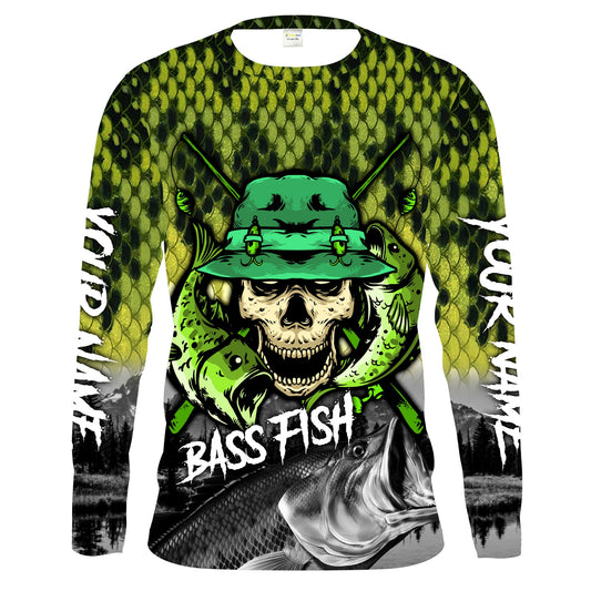 BlueJose Halloween Largemouth Bass Fishing Skull Fish Reaper Custom Name Long Sleeve Shirt
