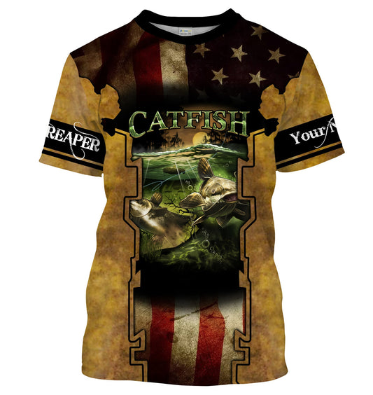 BlueJose Mens Flathead Catfish Fishing American Flag Personalized Shirt