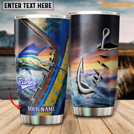 BlueJose Marlin Fishing Makes Me Happy Personalized Name Tumbler