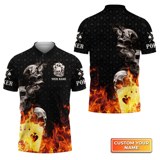 BlueJose Poker Four Of A Kind Aces Skull On Fire Personalized Name 3D Polo Shirt