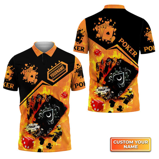 BlueJose Poker Royal Flush On Fire Personalized Name 3D Polo Shirt