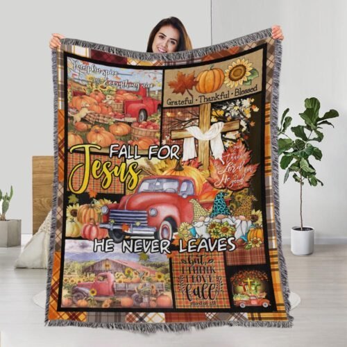 BlueJose Autumn Fall Blanket Fall For Jesus He Never Leaves Thanksgiving Woven Tapestry Blanket TPT298WB