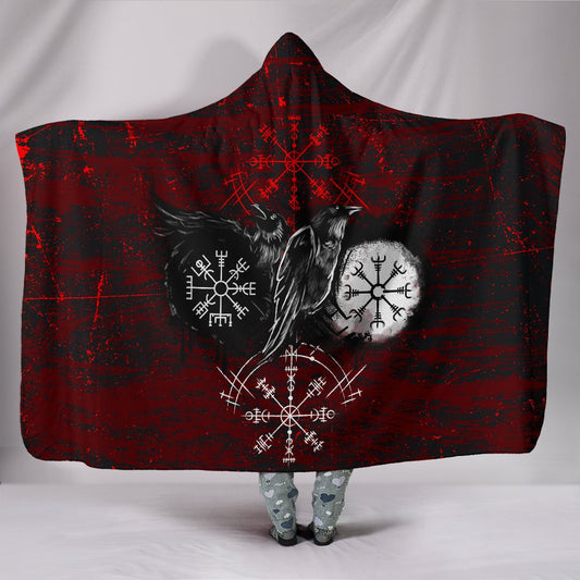 Viking Style - Hooded Blanket Raven of Odin and Symbol Viking on Blood Background A27