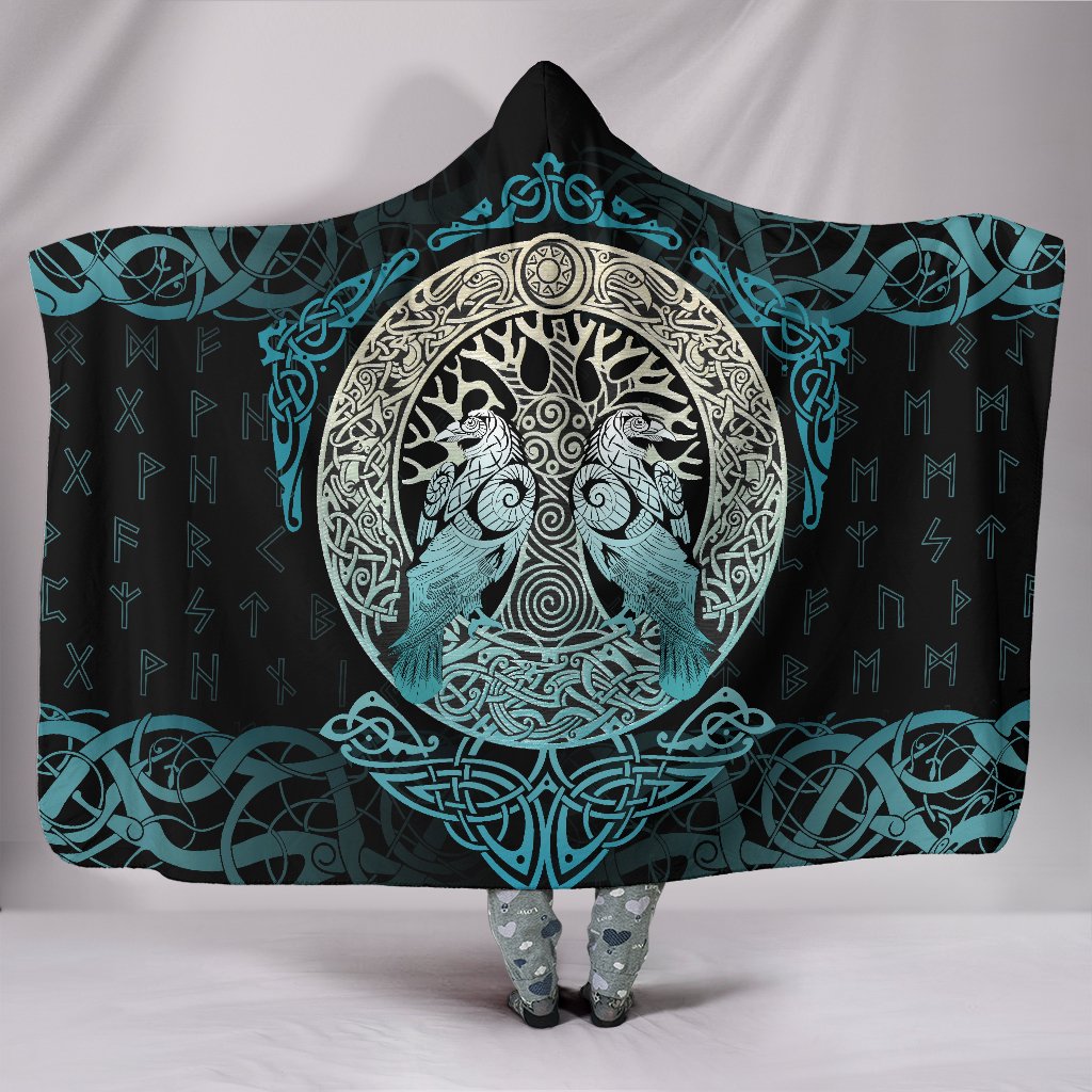 Viking Style Hooded Blanket Yggdrasil and Ravens A7