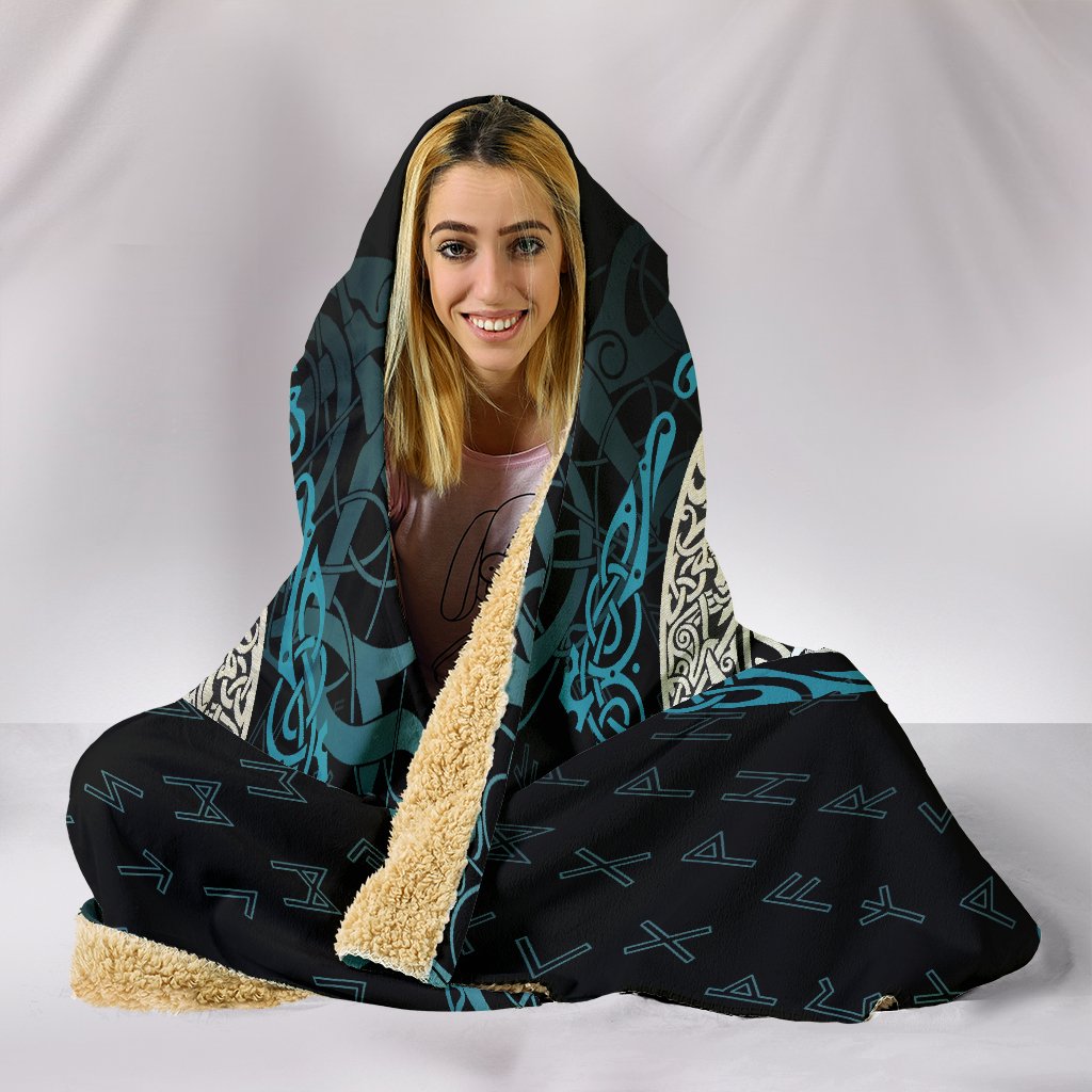 Viking Style Hooded Blanket Yggdrasil and Ravens A7