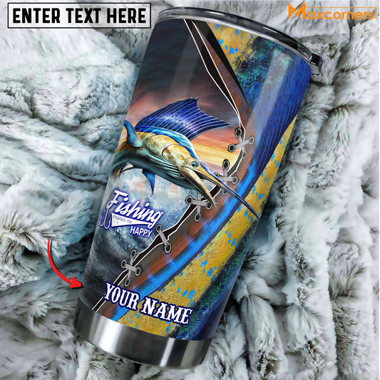 BlueJose Marlin Fishing Makes Me Happy Personalized Name Tumbler