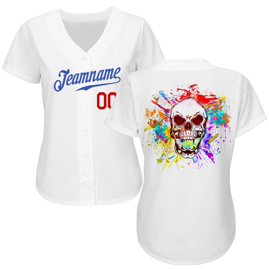 BlueJose Custom White Royal-Red Authentic Skull Fashion Baseball Jersey