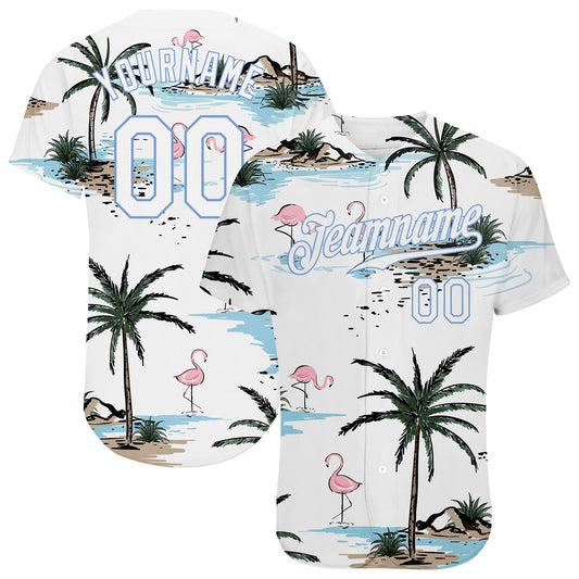 BlueJose Custom White White-Light Blue 3D Pattern Design Hawaii Palm Trees Authentic Baseball Jersey