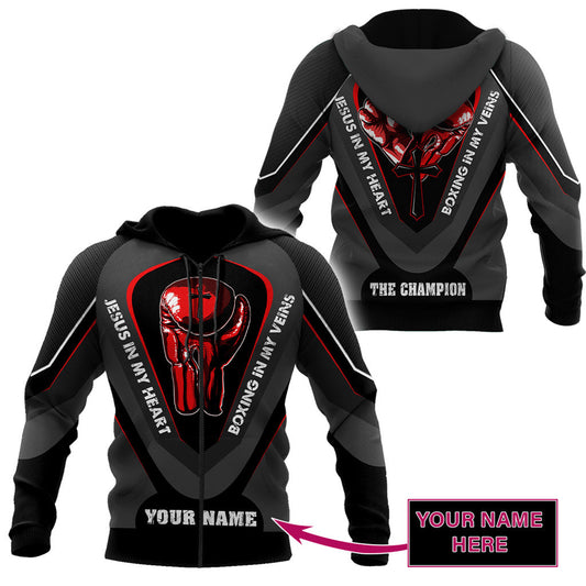 BlueJose Custom Name Jesus In My Heart, Boxing In My Veins 3D Hoodie